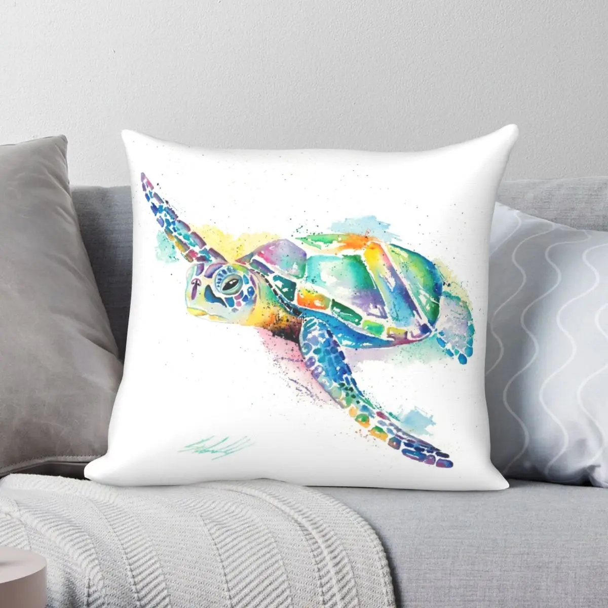 Rainbow Ripple Sea Turtle Square Pillowcase Polyester Linen Velvet Creative Zip Decorative Home Cushion Cover 45x45