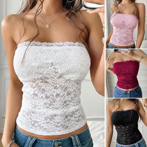 여성 Y2K 미적 쉬어 레이스 튜브 탑 여름 꽃 오프 어깨 민소매 Strapless Bandeau 슬림 피트 자르기 탑을 통해 볼