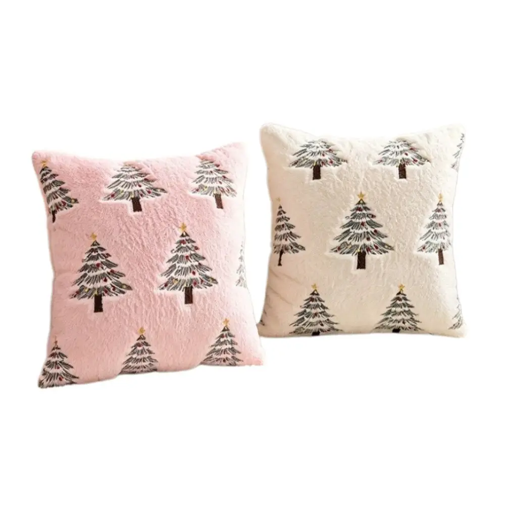 Embroidered Throw Pillow Case Christmas Tree 18x18 Inch Tufted Pillow Cover Soft Cozy Faux Rabbit Fur Decorative Pillowcase
