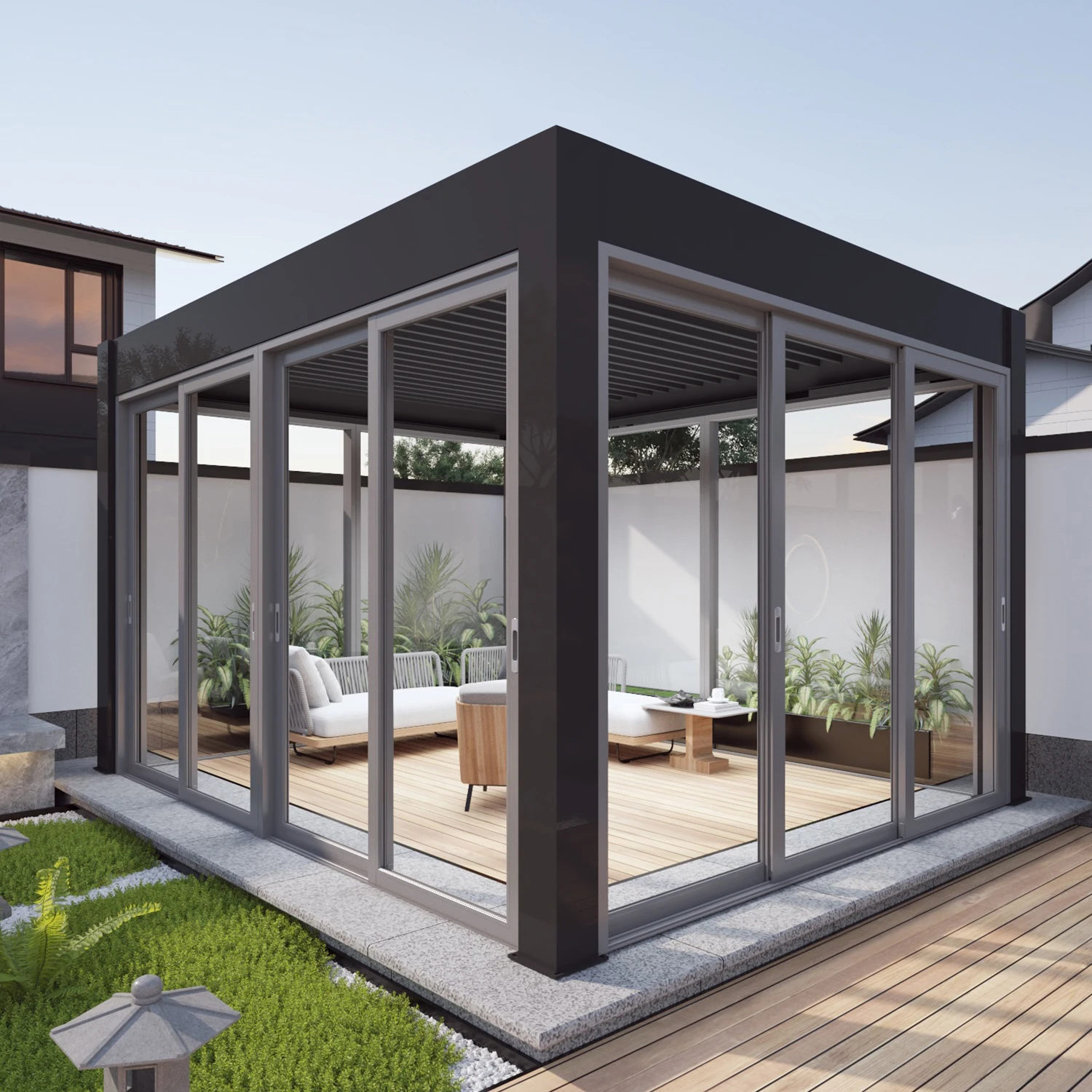 

High Quality Villa Canopy Supplier Smart ELectric Outdoor Motorized Louvered Bioclimatic Gazebo Aluminum Pergola With Blinds