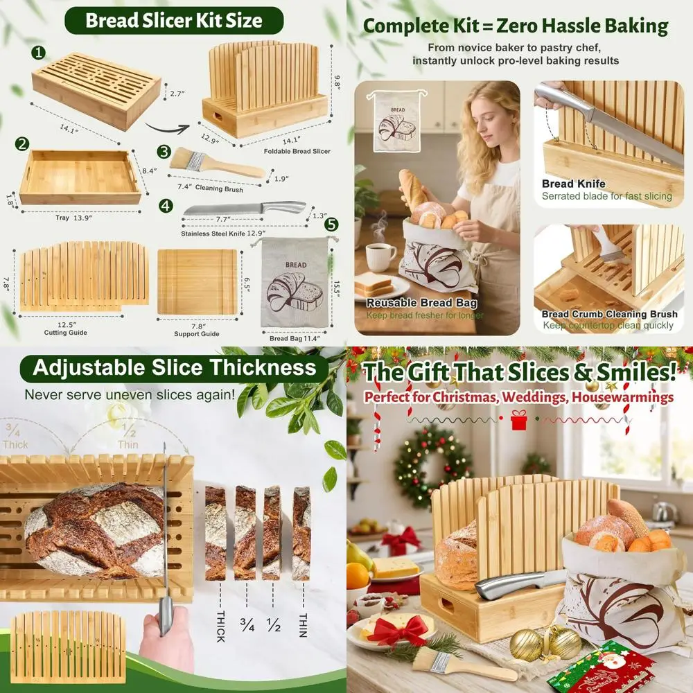 

5-Piece Bamboo Bread Cutting Set: Adjustable Manual Slicer with Knife, Crumb Tray & Bread Bag for Homemade Loaves
