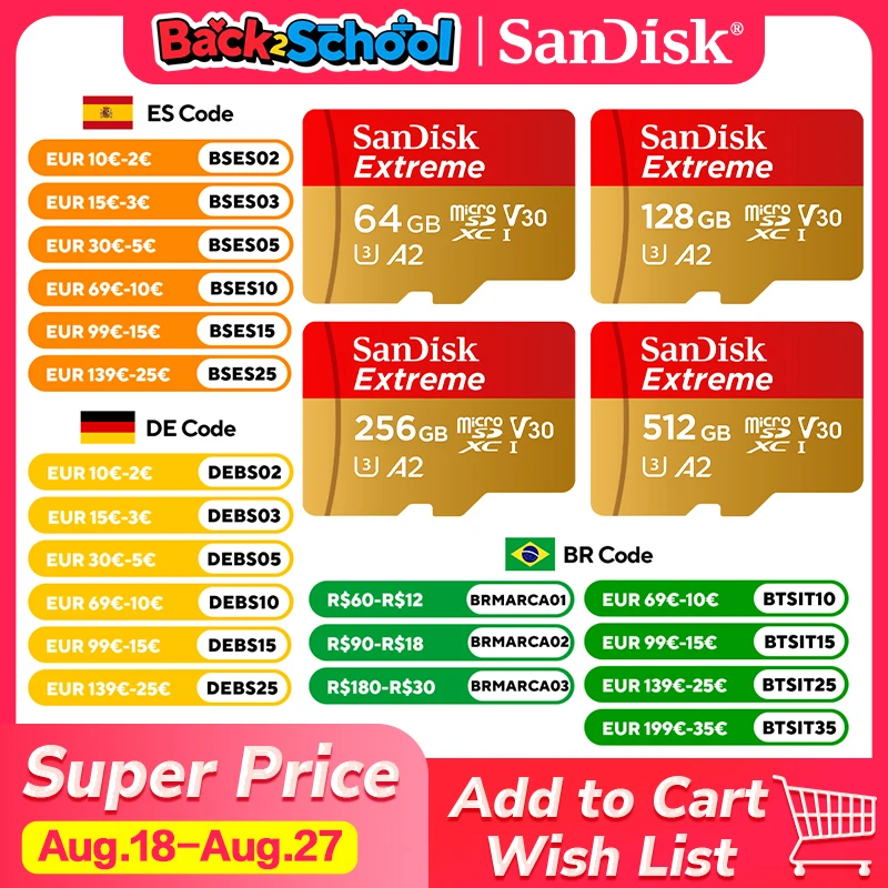 Originale SanDisk Extreme MicroSDHC 32GB A1 C10 MicroSDXC 64GB 128GB 256GB A2 V30 Scheda di Memoria TF Scheda Micro SD per Drone