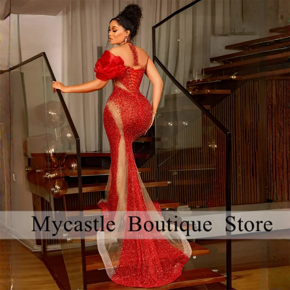 Elegan Red Beaded Lace Mermaid Evening Dresses 2024 African Luxury For Women Prom Dress Wedding Party Dresses Aso Ebi