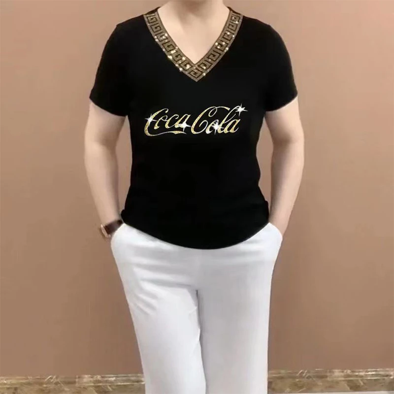 Summer Casual Fashion Diamons Short Sleeve T-shirt Women Slim All-match Pullover Tee Women Harajuku Y2K Street Wear V-neck Top