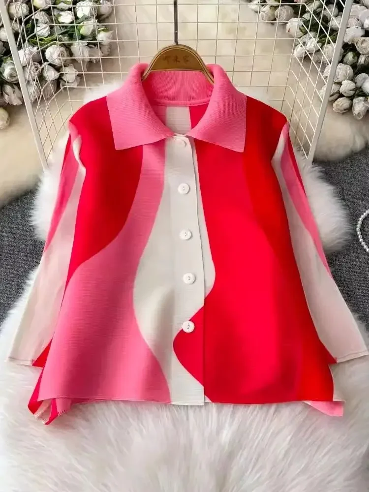 

Miyake Pleated Colorblock Tops Autumn High Stretch Turn Down Collar Single Breasted Korean Fashion Loose Short Blouses Shirts