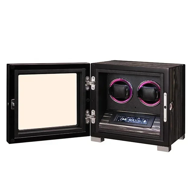MINEESI Avvolgitore automatico per orologi Sblocco per impronte digitali in legno 2 slot Shaker Scatola di immagazzinaggio per orologi meccanici Cassaforte per touch screen LCD