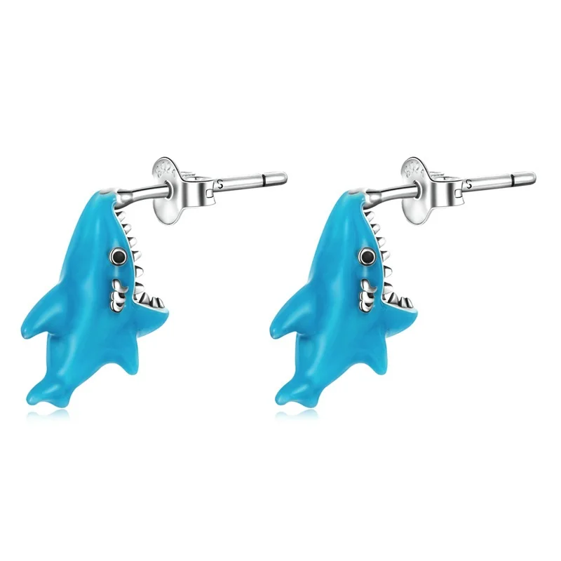 Blue shark stud earring Silver 925 sea animal earrings anti allergy studs christmas jewelry gift for daughter/wife free shipping