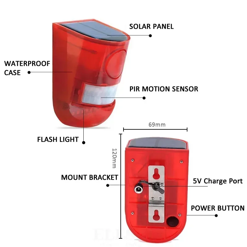 Ao ar livre solar infravermelho sensor de movimento alarme 129db sirene luz estroboscópica ip65 à prova dip65 água villa fazenda quintal jardim sistema alarme segurança