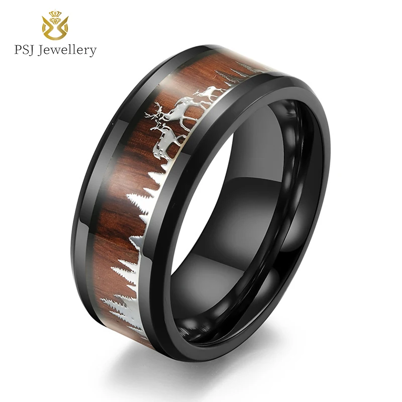 

PSJ Jewellery Fashion Vintage 9MM Wood Inlay Deer Design Black Titanium Stainless Steel Rings for Men Wedding