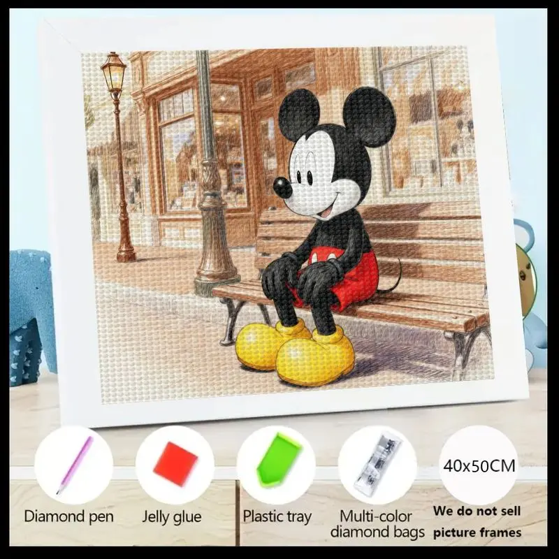 

1PC Disney Mickey Mouse 5D Full Drill Diamond Painting Kit, Cute Cartoon Character Sitting on Bench Street Scene Art, DIY Rhines