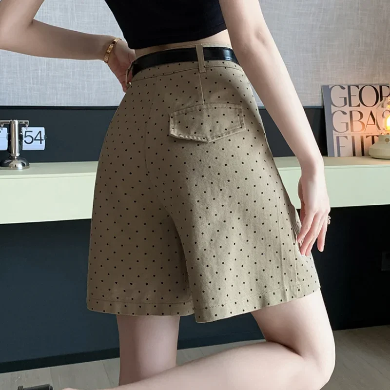 Casual Shorts Women  Summer Retro Polka Dot Wide Leg Shorts Ladies Fashion High Waist A-line Cargo Shorts With Belt