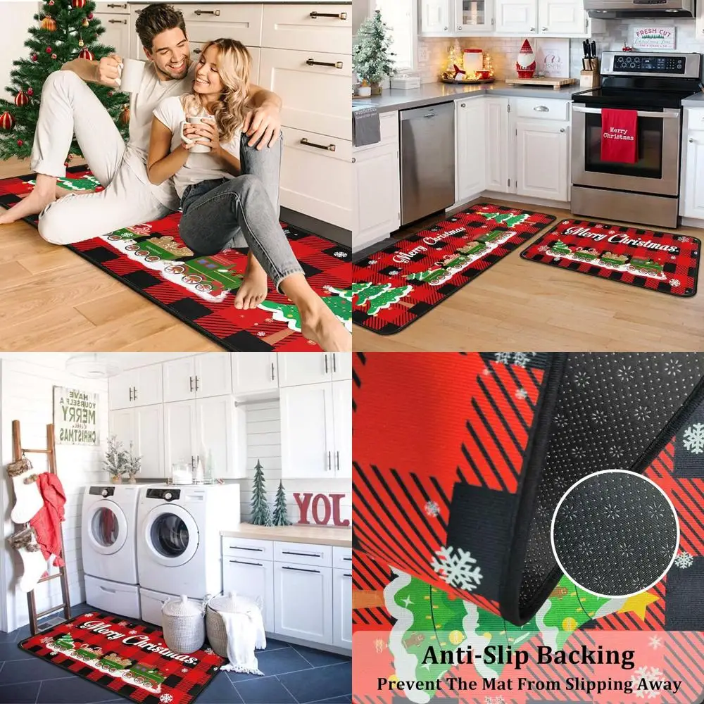 

Red and Black Buffalo Check Christmas Mats Set, 17x47 and 17x30 Indoor Floor Rugs for Holiday Kitchen Decor