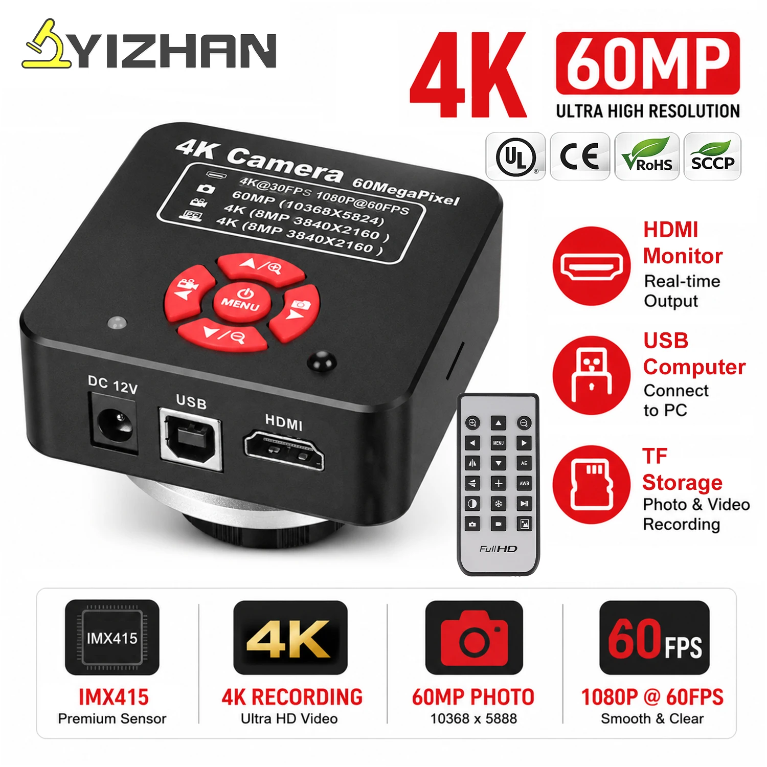 Caméra de microscope industriel YIZHAN 4K 60MP IMX415 L HDMI USB avec carte TF, monture C standard, logiciel de mesure Windows, télécommande pour microscope trinoculaire, réparation de circuits imprimés, inspection électronique, enregistrement vidéo 4K, capture de photos