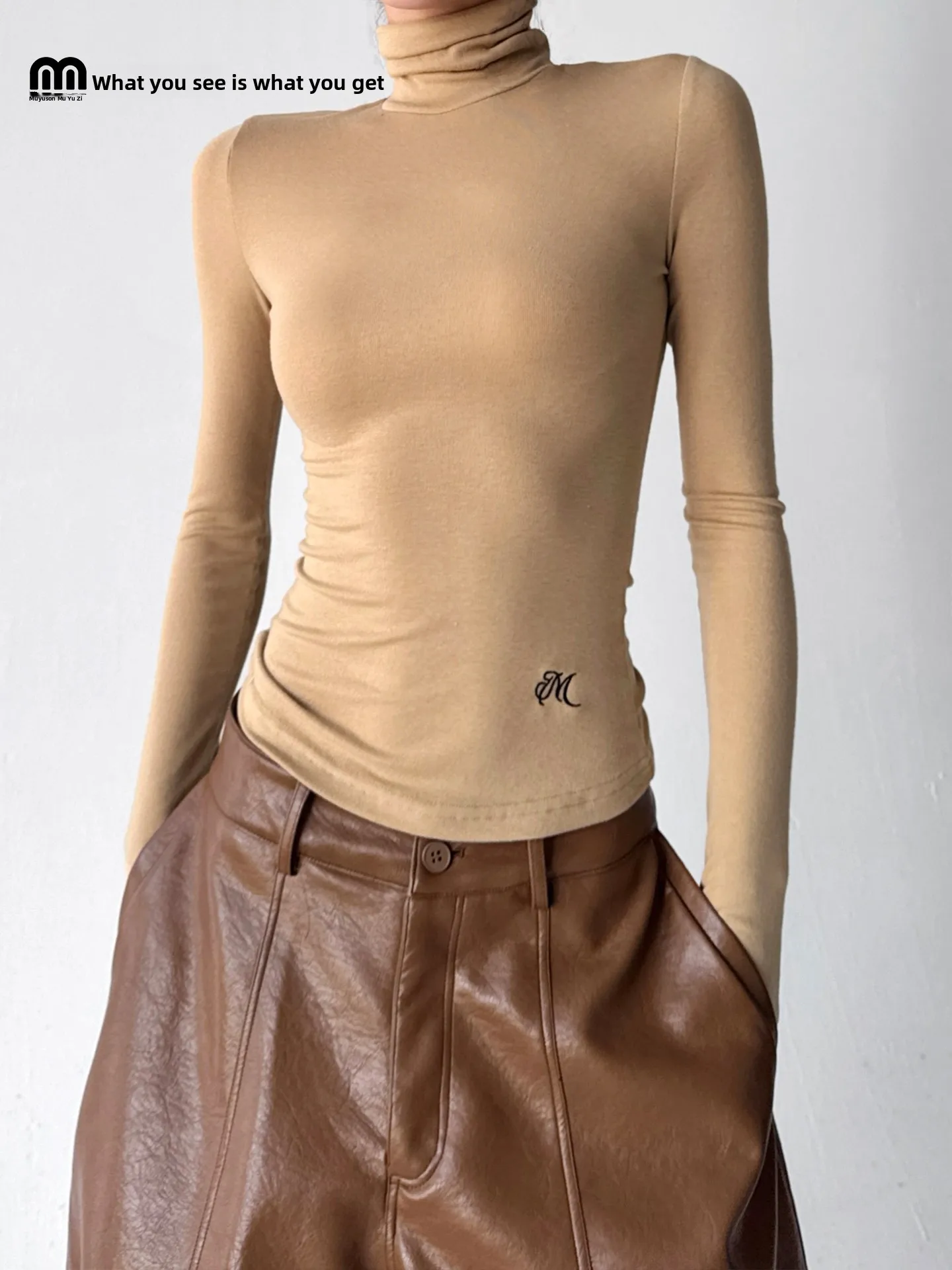Camiseta de Manga Larga Ajustada para Mujer, Color Camel, Simple, de Alta Calidad, Mezcla de Poliéster, Spandex y Algodón, Gruesa para Invierno