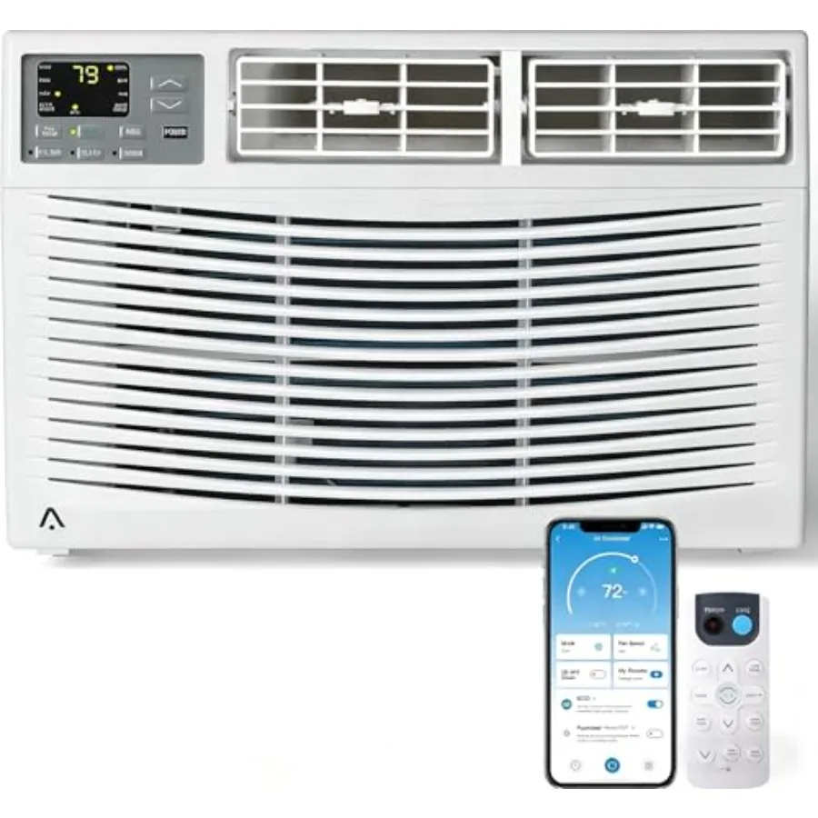 

Window air conditioner for small bedroom or living room, white plastic unit with WiFi, 10000 BTU cooling capacity, quiet operat