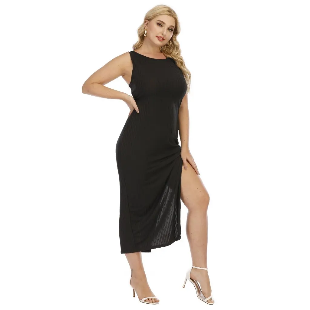 Large Size Slim-fit Women's Dress Sexy Slit Hip Design Vest Rib Detail F200434 Supply