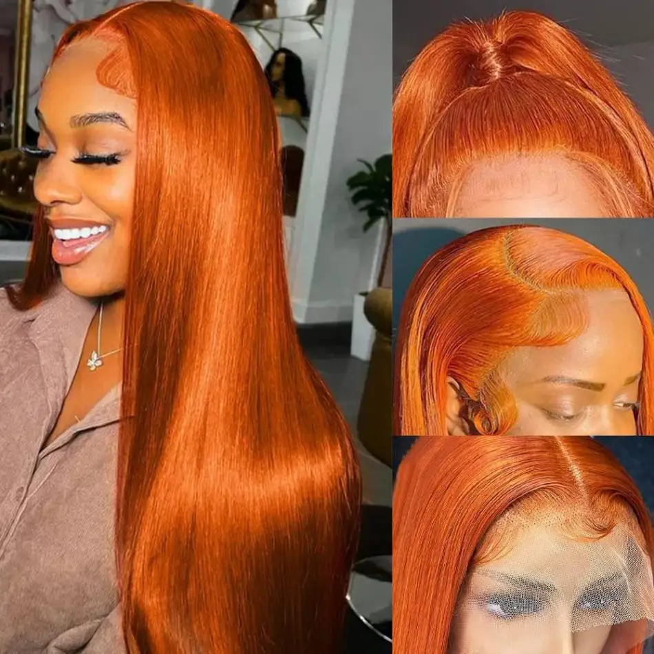 Ginger Colored Wigs Human Hair Full End 100% Transparent PrePlucked Brazilian Straight HD Lace Frontal Wig 30 40 Inch For Women