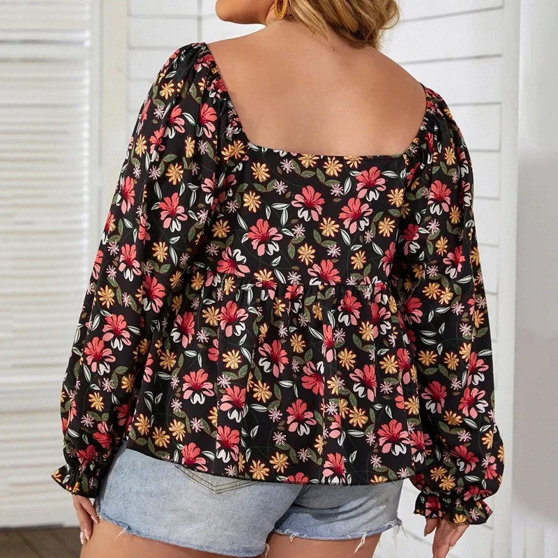 Plus Size Floral Printed Square Neck Summer Spring Elegant Peplum Blouse Women Lantern Sleeve Casual Boho Blouse Large Size 7XL