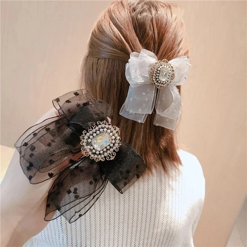 

Korean Yarn Bow Spring Clip Crystal Headband Hair Pins Head Jewelry Fashion Bridal Headpiece Hair Accessories for Women Wedding