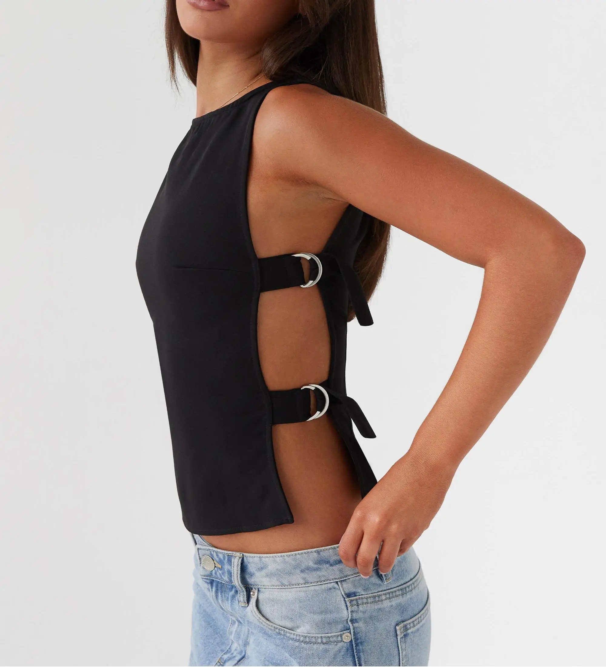 

New Fashion Womens Summer Tank Tops Solid Color Sleeveless Boat Neck Side Buckle Slim Fit Vest Hot Sale S M L