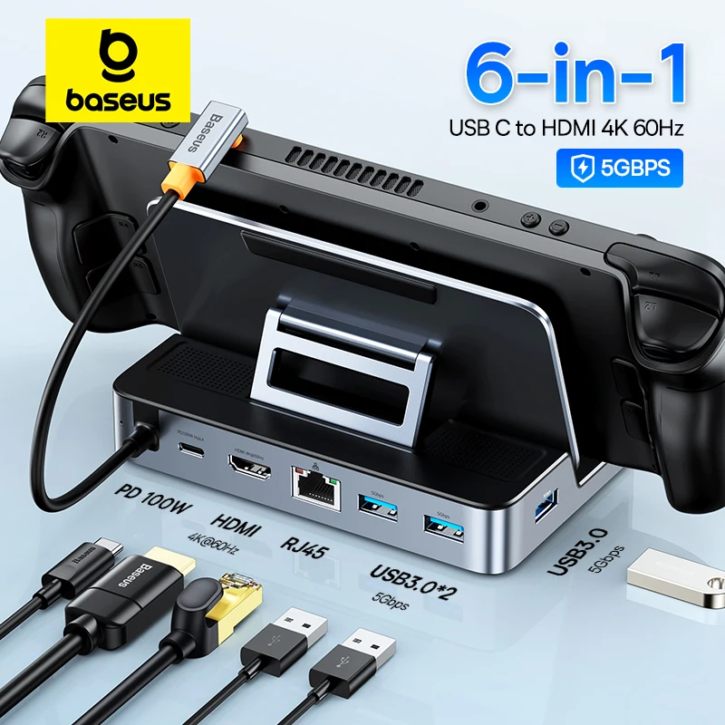 Nintend 스위치 유형 C-HDMI 4K@60Hz RJ45 기가비트 PD 100W 유형 C USB 3.0 허브용 스팀 데크용 Baseus USB C 도킹 스테이션