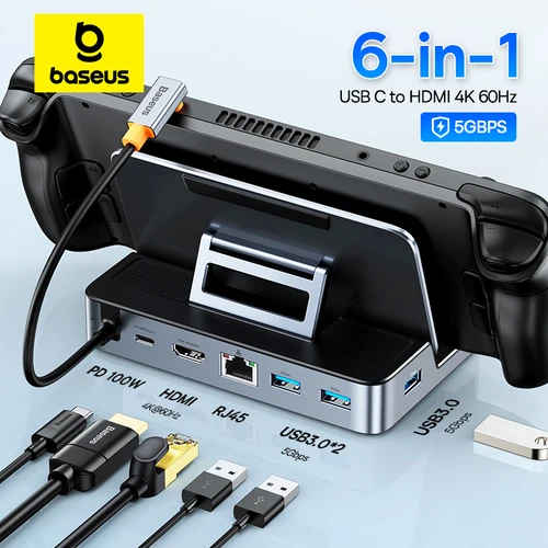 Baseus USB C estación de acoplamiento para Steam Deck para Nintendo Switch tipo C a HDMI 4K @ 60Hz RJ45 Gigabit PD 100W tipo C USB 3,0 Hub