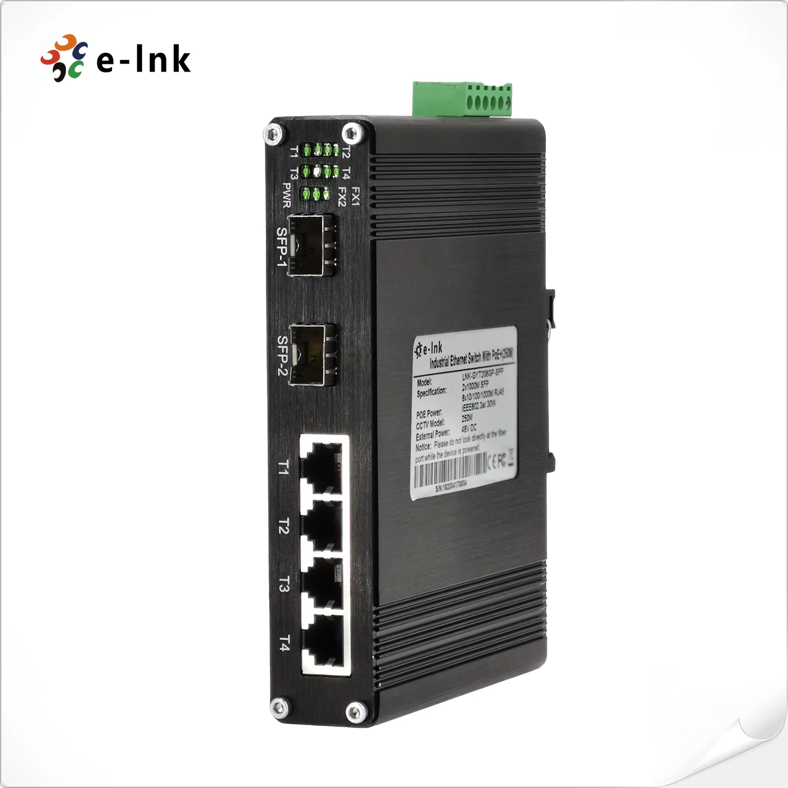 Industrial 4-Port Fast Ethernet Switch with 2 Fiber Ports, 12-58VDC, -40°C to 80°C for Harsh Environment