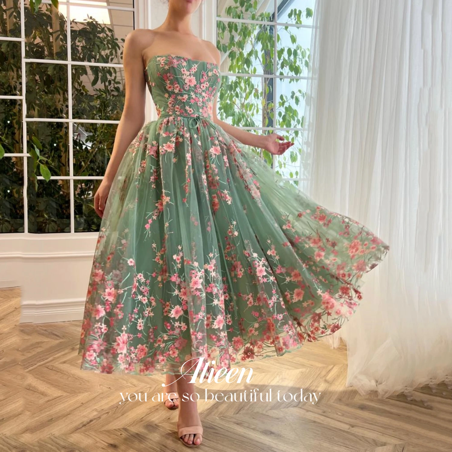 Graduation Gown Long Wedding Party Dress Women Elegant Luxury Fairy Skirt Line A customized Flowers Coming of Age Ceremony Green