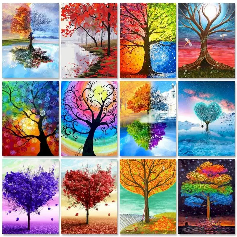 

GATYZTORY Painting By Numbers On Canvas Coloring By Numbers Four Seasons Tree Hand Painting Wall Decors Gift Adults Crafts