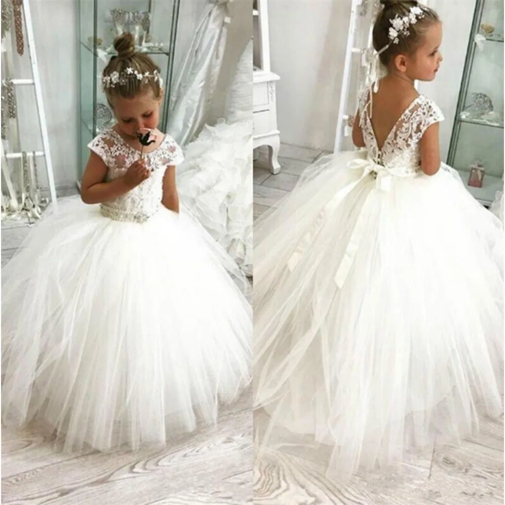 Trailing Children's Wedding Dress Bridesmaid Dress Lace Long Sleeve Birthday Host Piano Girl Puffy Gauze Skirt Hair Kid Gown