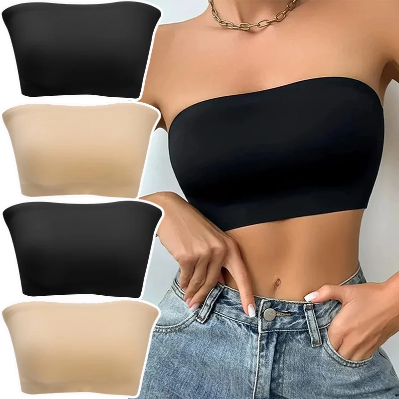 2025 Fashion Women Tube Tops Strapless Bra Black Skin Chest Wrap Bandeau Unlined Seamless Breathable Comfortable Underwear Tops