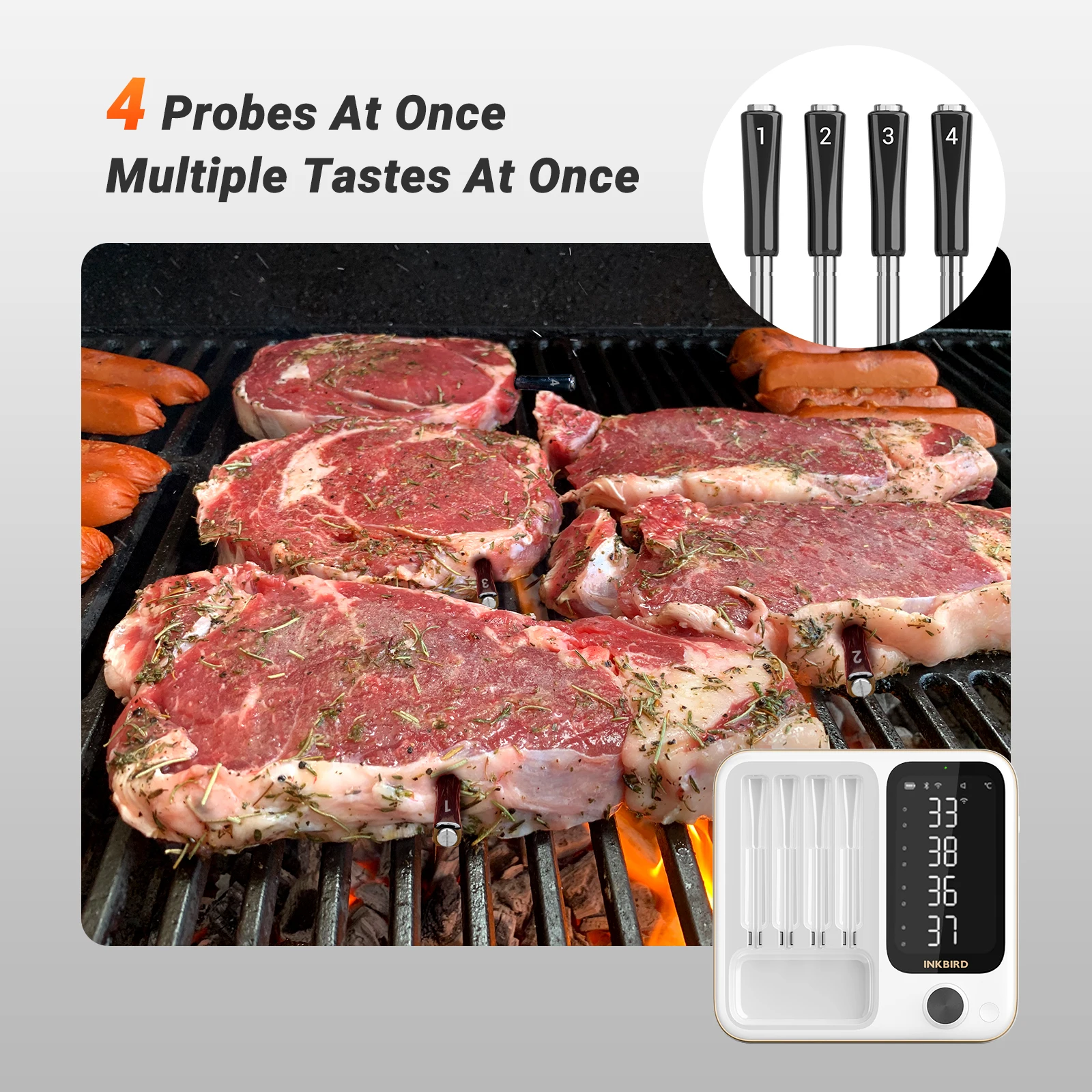 INKBIRD INT-14-BW 3-Mode WiFi/Bluetooth BBQ Thermometer، 4 مجسات لاسلكية، IP67 مقاومة للماء، ±1 ℃ ، بطارية 25 ساعة، التحكم الذكي في التطبيقات