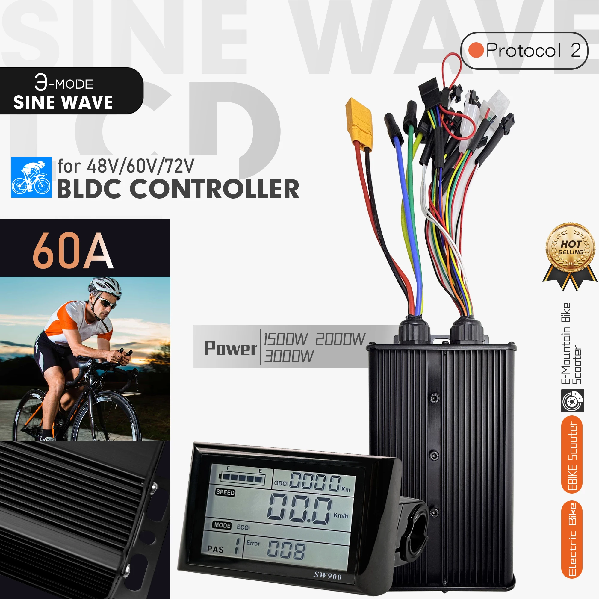 

Контроллер синусоидального тока для электровелосипедов 48В/60В/72В 60А, 3 режима, бесщеточный, 2000Вт/3000Вт, с ЖК-дисплеем SW900, аксессуары для электровелосипедов и электросамокатов