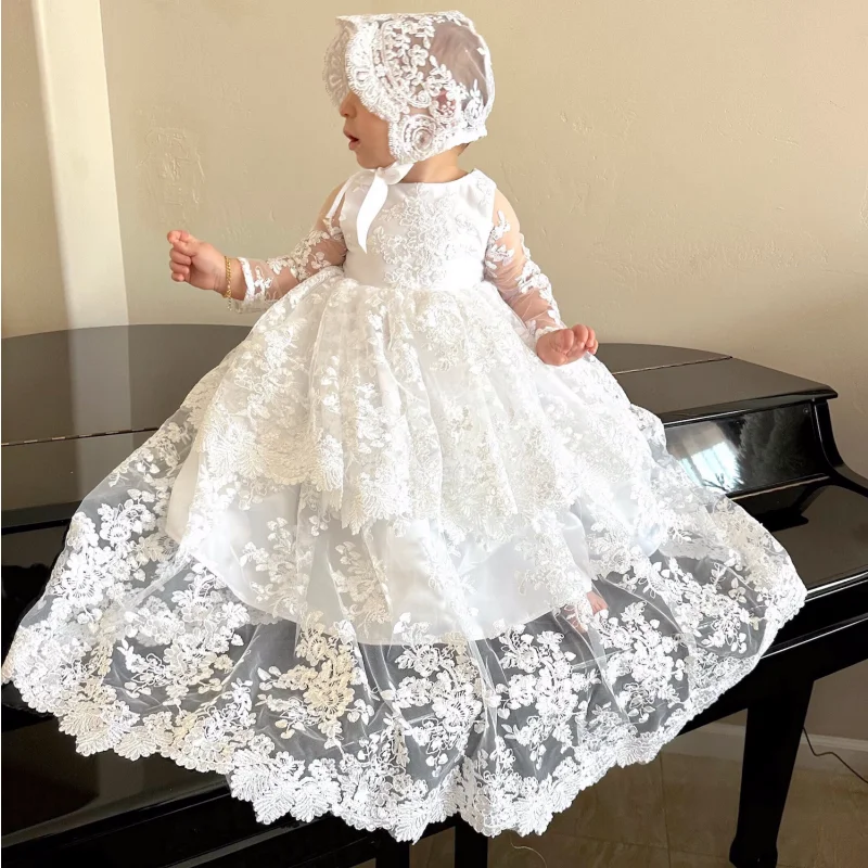 Vestidos de renda branca com laço para meninas, manga comprida, vestidos de primeira comunhão, casamento e festa de aniversário