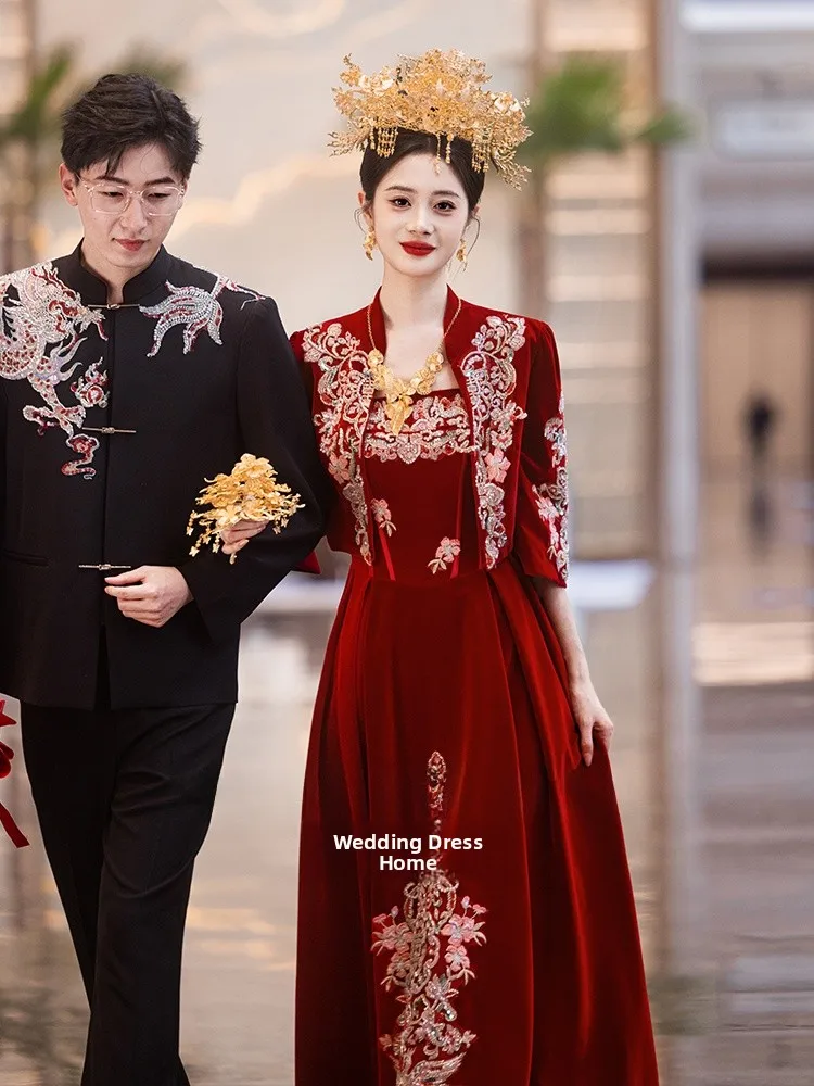 

Ele Red Wedding Dr Set New Chinese Sle Bride-to-be Long Sve A-Line Skirt Wedding Ceremony Dr for Women 8-25 Y...