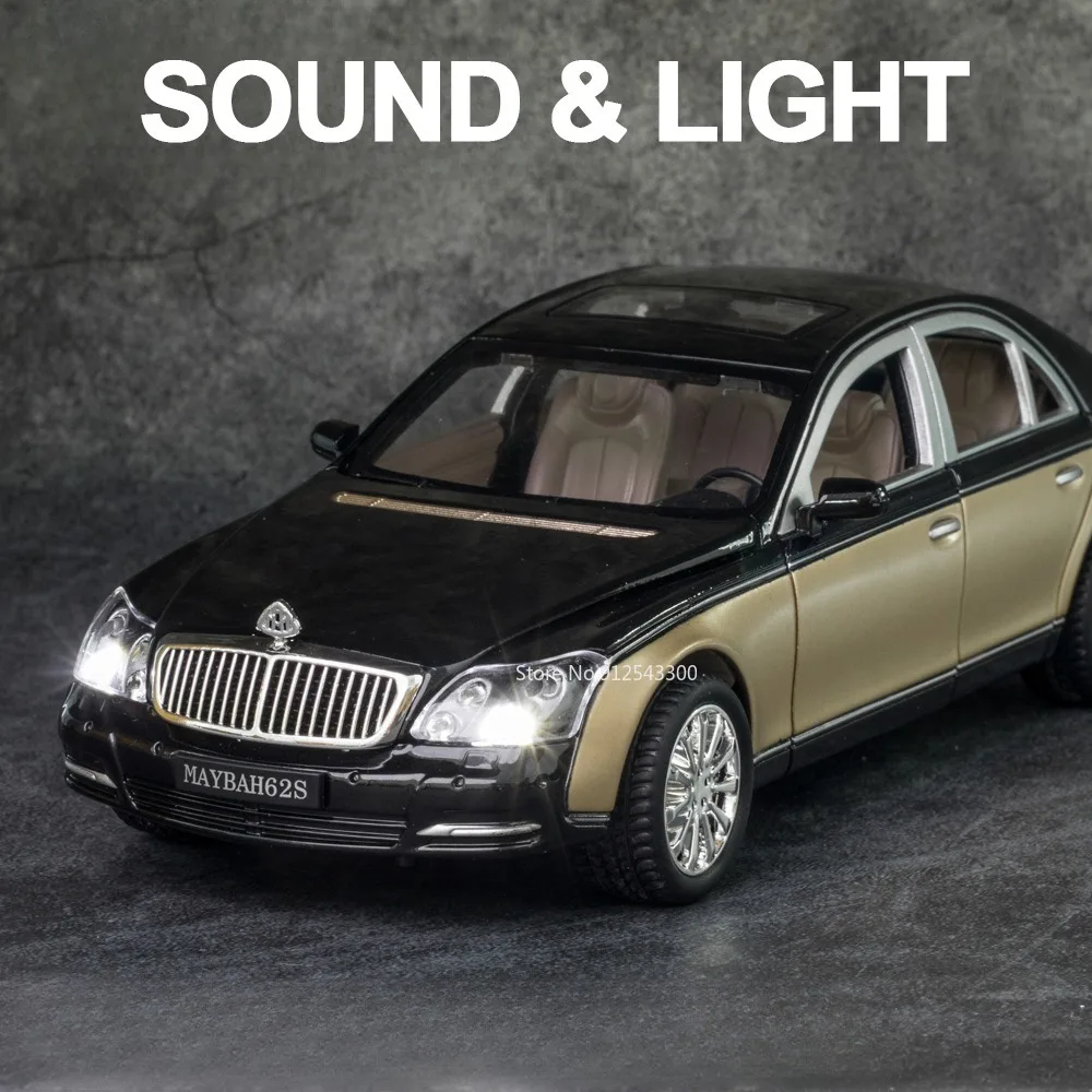 1/24 Scale Maybach 62S Car Model Toy Alloy Diecast Doors Opened Sound Light Pull Back Vehicle Models Toys Ornament Gift for Kids