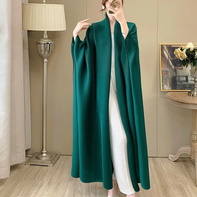 GGHK Pleated Women Luxury Trench Coat Pure Color Vintage Cardigan Design Loose Large Size Long Jacket Arabian Female Abaya 2024