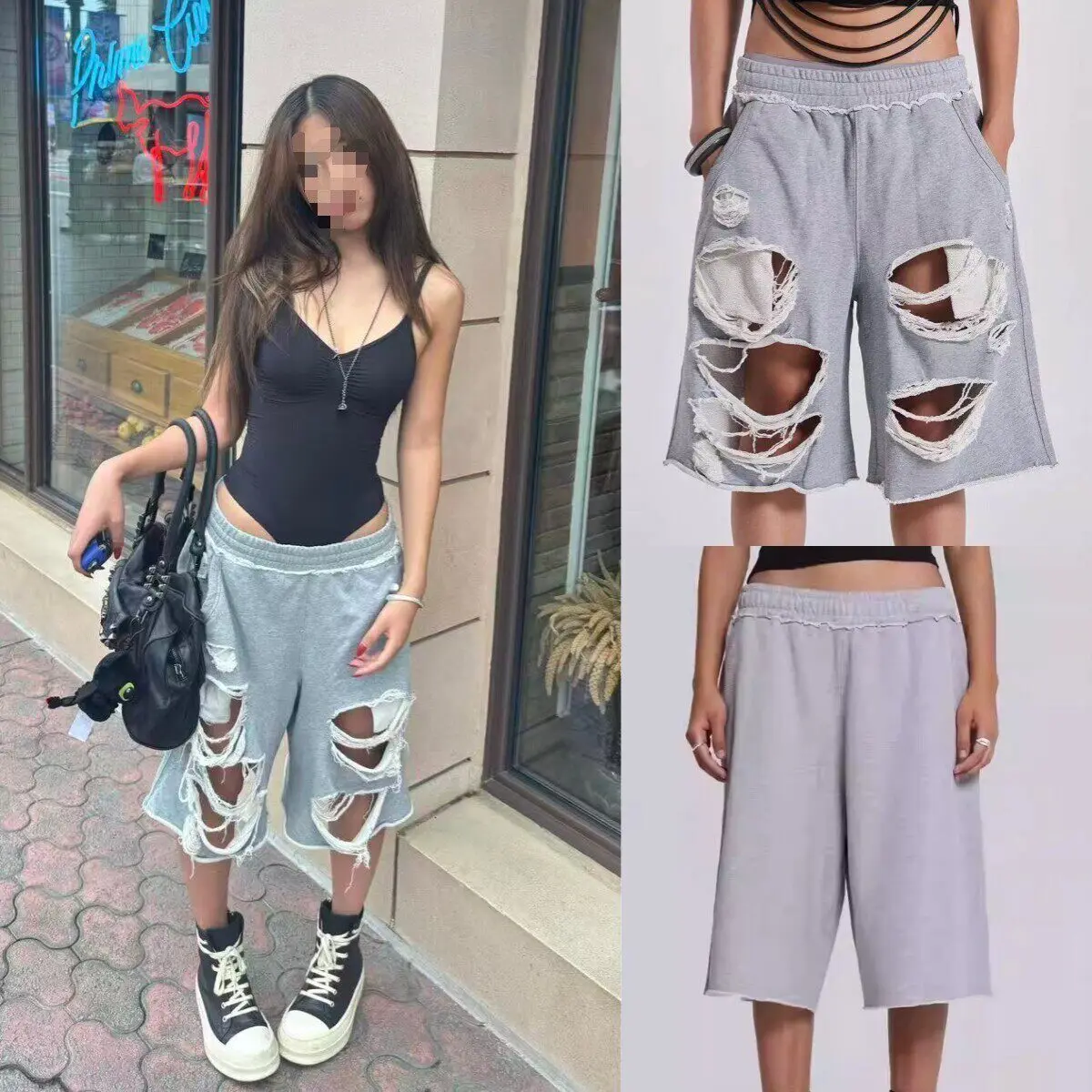 American Retro Distressed  Loose Casual Shorts Elastic Waist Street Style Men's Straight Leg Pants mid Waist Fit