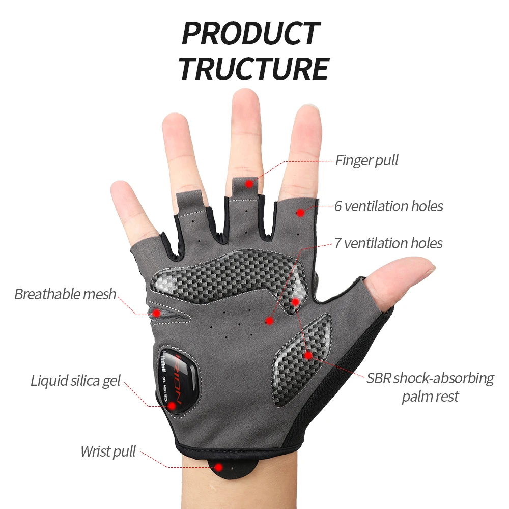 RION Men's Shockproof Gel Pad Cycling Glove Half Finger Sport Gloves Summer Bicycle Gym Fitness  MTB Bike Fingerless Motorcyclis