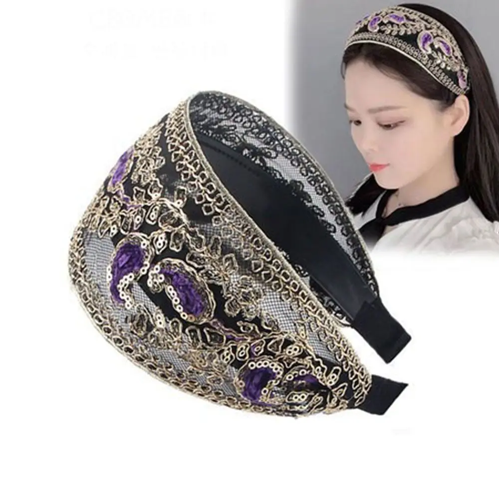 Retro ampio pizzo ricamato donne fascia paillettes lunetta cerchio per capelli turbante femminile fascia per capelli fascia avvolgente Bandana