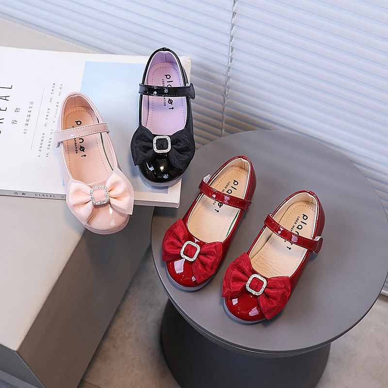 Girls Flats with Big Bows Kids Princess Shoes Round Toes Versatile 2025 Autumn New Children Casual Leather Shoes Korean Style