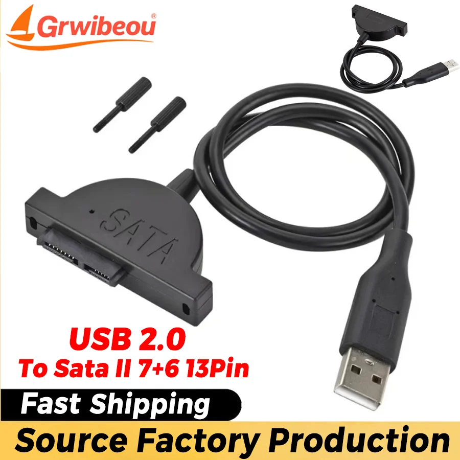 USB 2.0 To SATA 7+6 PIN Cable Adapter CD/DVD-ROM Drive Cord Optical Driver Adapter Data Transfer Cable for PC Laptop Notebook