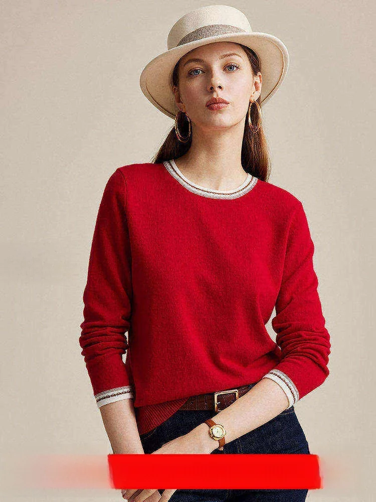 

Женский комфортный вязаный свитер Zhaojun из 100% шерсти с длинным рукавом и круглым вырезом, повседневный, модный, в стиле колор-блок, новогодний красный