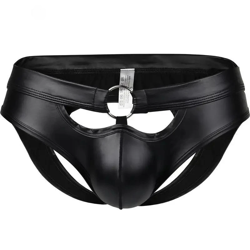 Black Faux Leather Jockstrap for Men Sexy U Convex Pouch Hollow Out Thong Gays Erotic Open Buttocks Underpants Knickers Panties