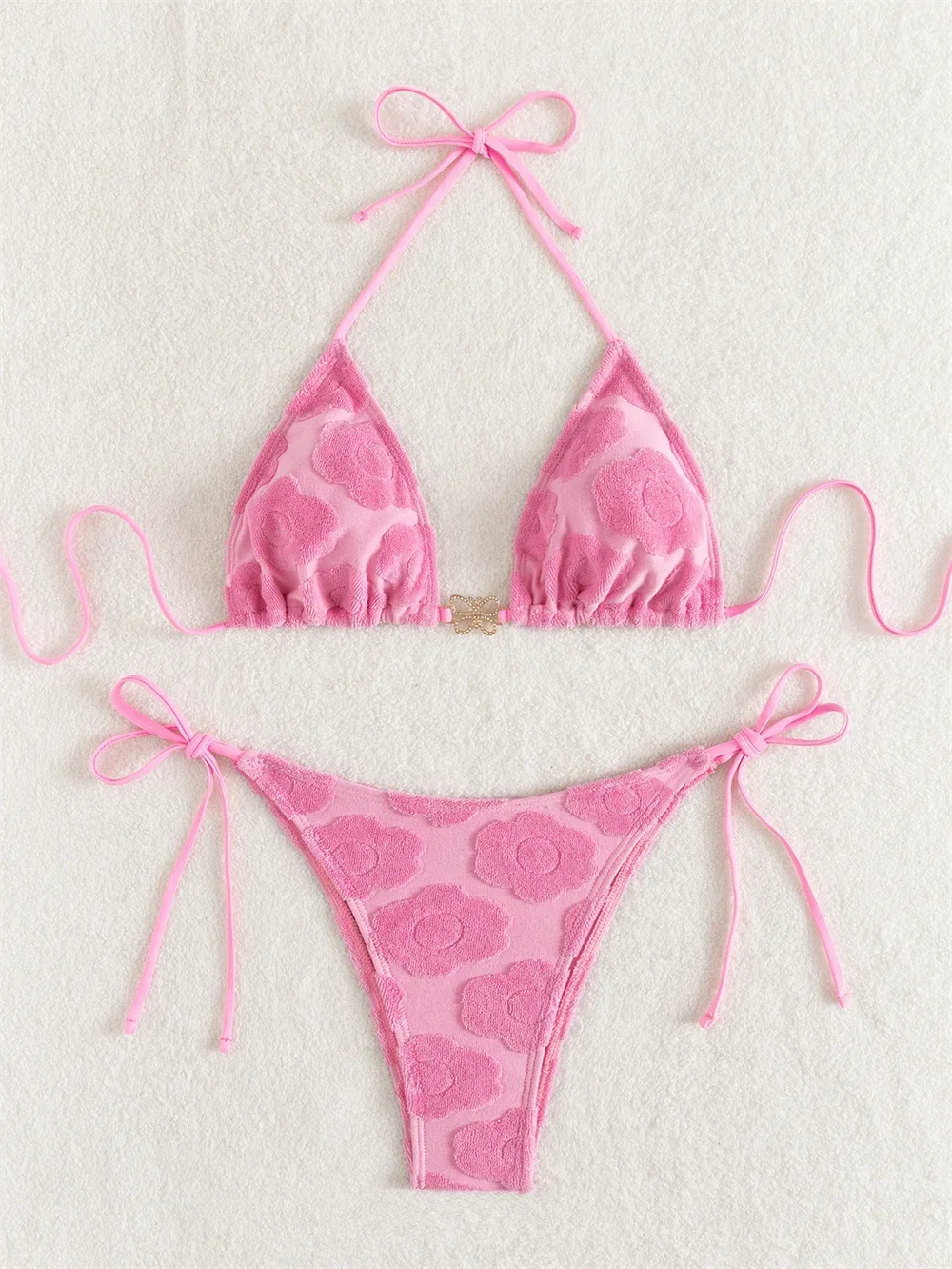 

Pink Flower Jacquard Bikini Butterfly Rhinestone Micro String Backless Triangle Swimsuit Women Swimwear Thong Beach Bathing Suit