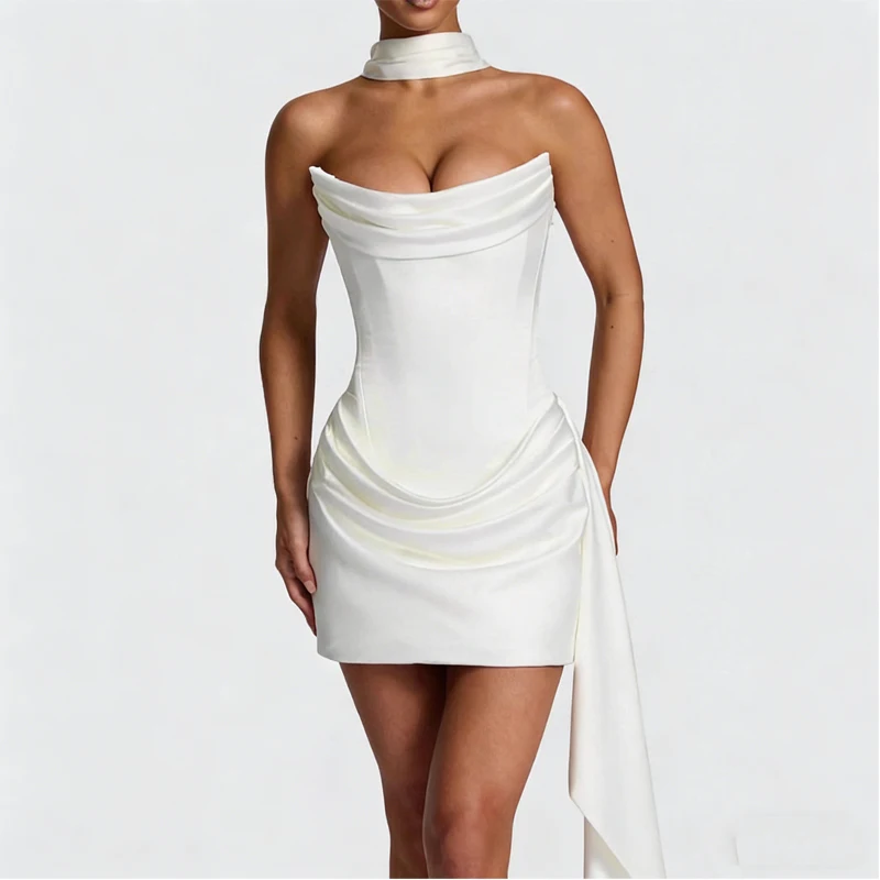 ชุดเดรสคอร์เซ็ทเกาะอกแบบหรูหราสำหรับผู้หญิง สีดำขาว เซ็กซี่ ผ้าซาติน ทรงมินิเดรส พร้อมผ้าคลุมไหล่ แฟชั่นชุดเดรสสำหรับงานเลี้ยงค็อกเทล
