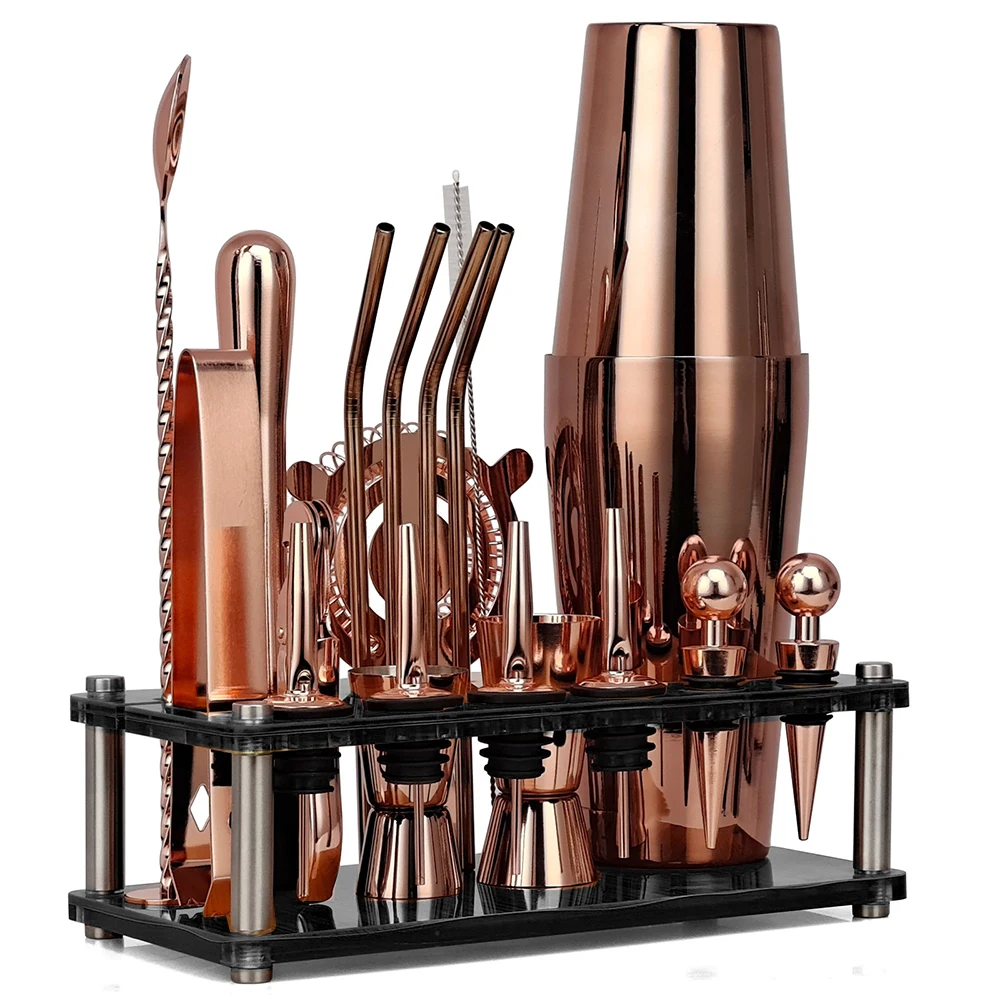 

Rose Gold Cocktail Shaker Bartender Kit 20Pcs Stainless Steel Set With Imitation Bamboo Acrylic Mixed Drink Martini Bar Tools