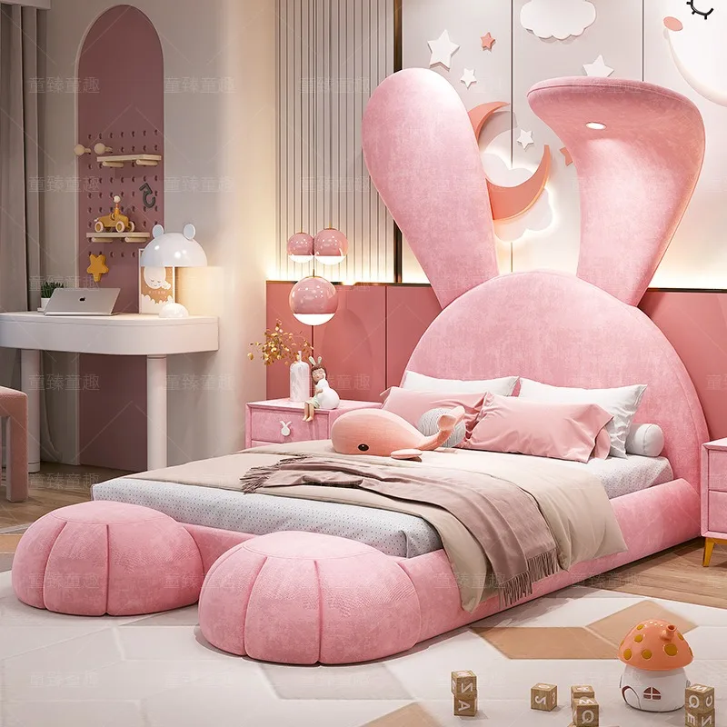 Children's bed girl princess bed pink cartoon Internet celebrity rabbit bed light luxury modern simple bedroom fabric solid wood