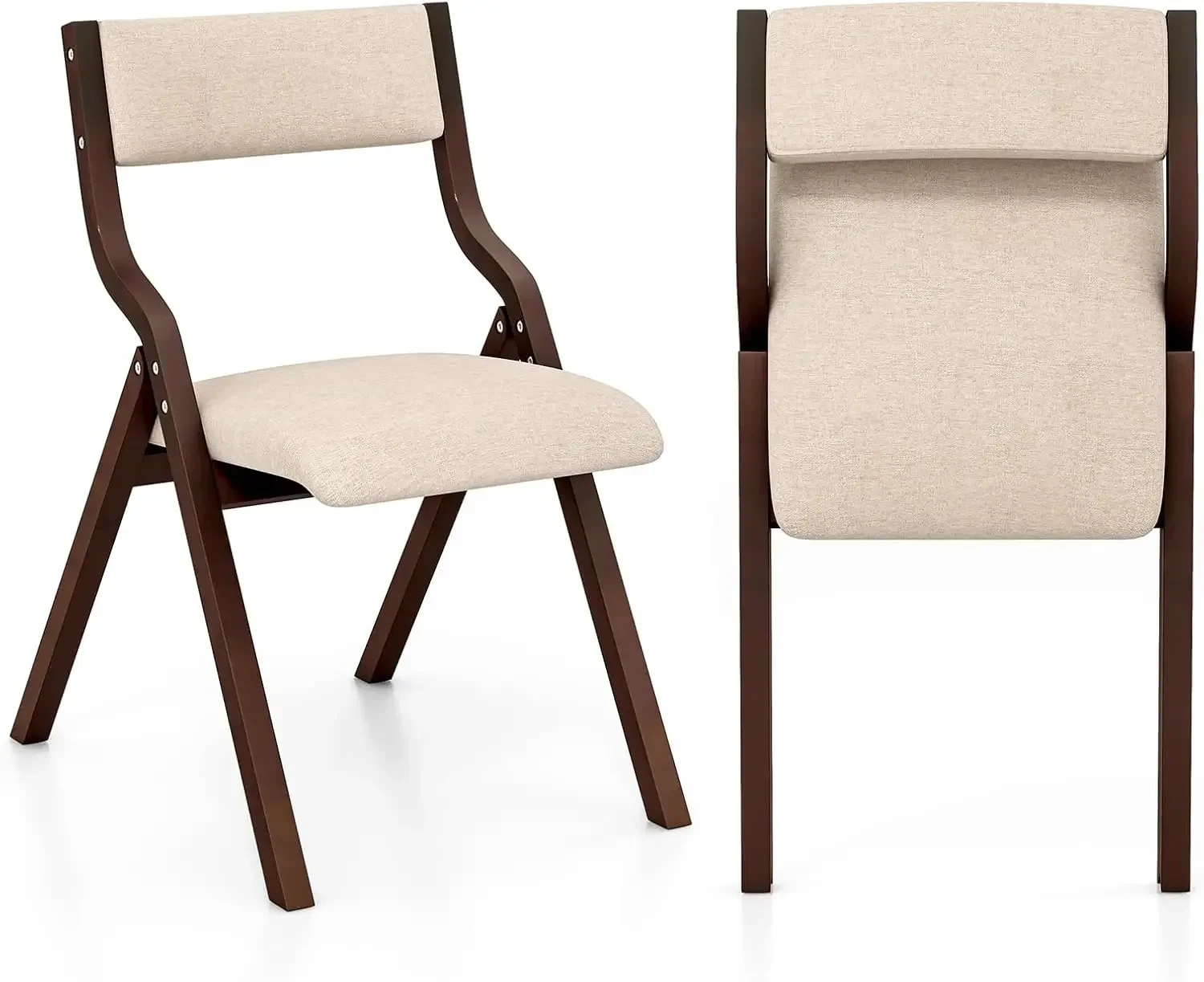 Folding Dining Chairs Set of 2, No Assembly Folding Chairs w/Linen Padded Seats, Wood Foldable Kitchen Chairs, Easy to Store Ext