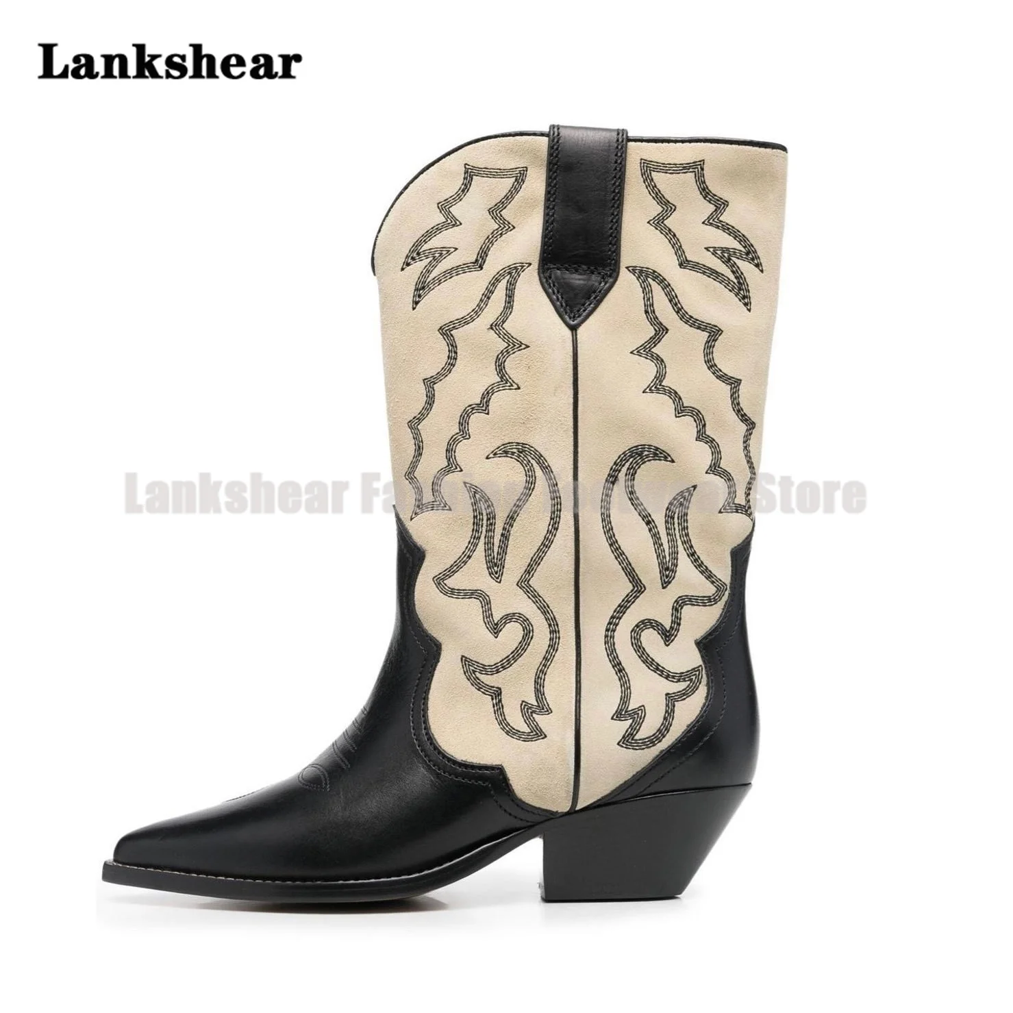 Women's Thick-Heeled Embroidered Boots Mid-Calf Boots Versatile Pointed Toe Color-Blocking Knight Boots Spring and Autumn Boots